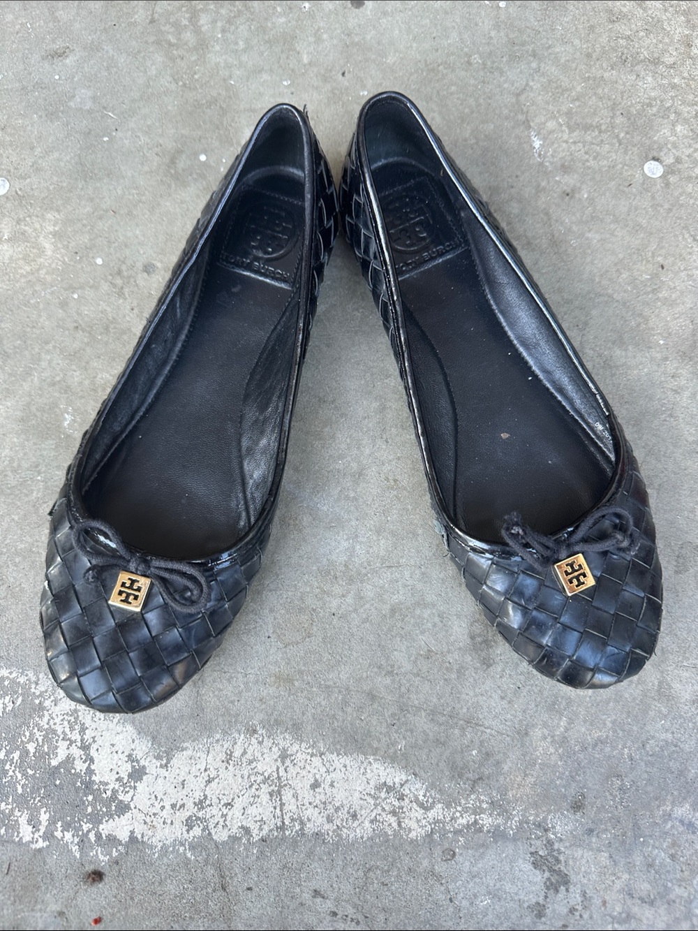 Tory Burch Black Woven Leather Ballet Flats with Gold Logo with mystery jewelry